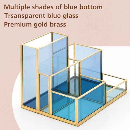 FONDAZZA 5-Compartment Desk Organizer for Home Office Supplies, Gold Brass with Blue Glass, Workspace Storage for Stationery, Cosmetic, Makeup Tools and Brush.