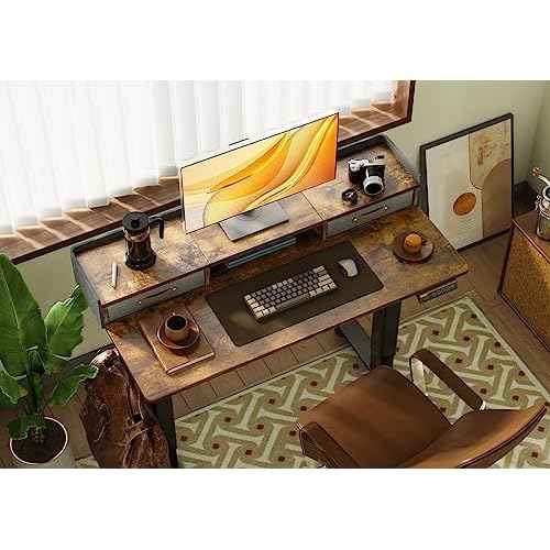 Claiks Standing Desk with Drawers, Stand Up Electric Standing Desk Adjustable Height with Storage Shelf and Splice Board, 48 Inch, Rustic Brown
