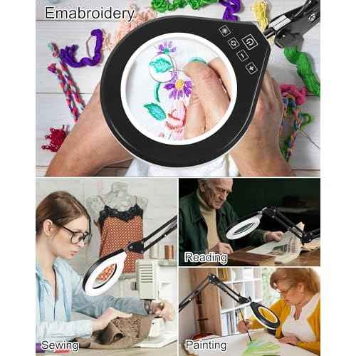 Lighted Magnifying Glass, 10X & 5X Magnifying Glass with Light, Dimmable Magnifier with Lamp, Adjustable 10 Level Brightness and 5 Color Desktop Clamp Magnifiers for Craft Painting Workbench (White)