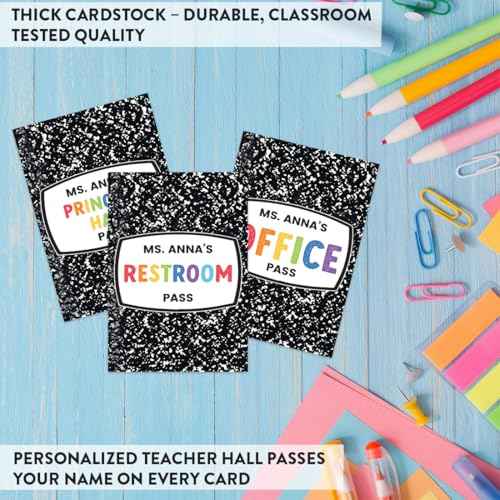 Andaz Press 20 Personalized Teacher Hall Pass Set with 10 Card Holder Lanyards, Composition Notebook Hallway Passes, Cardstock Hall Passes for Classrooms, Custom Teacher Name School Pass, 3.5x2 Inch