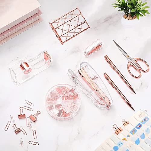 Famassi Rose Gold Desk Organizer Set with Stapler, Tape Holder, Pens & Clips