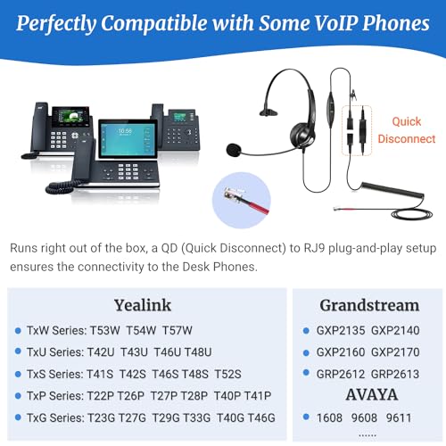 Callez Yealink Phone Headset with Quick Disconnect Cable, RJ9 Office Telephone Headset with Mic Noise Cancelling Compatible with Yealink T20P T21P T42S T46S T48S T54W Avaya 9608 9611 Grandstream Snom