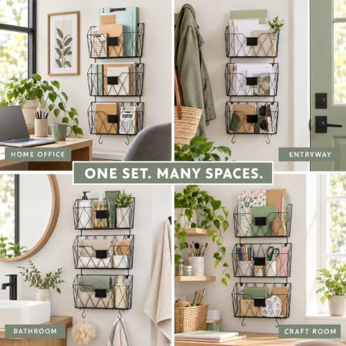 OYEAL 3 Pack Black Metal Wall File Organizer Hangings for Home Office