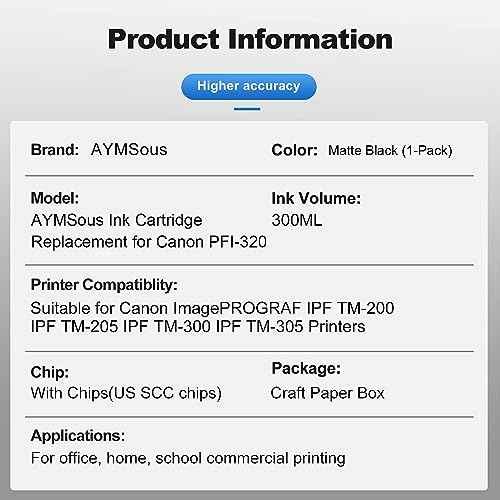 Compatible Ink Cartridge Replacement for Canon PFI-320 PFI320 PFI-320MBK PFI320MBK 300ML for Canon imagePROGRAF IPF TM-200 IPF TM-205 IPF TM-300 IPF TM-305(Matte Black Pigment Ink)