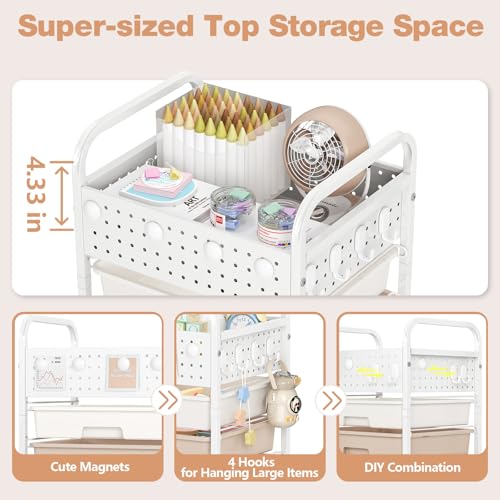 SYKIARIOL 4-Drawer Rolling Storage Cart with Pegboard Top, Brown