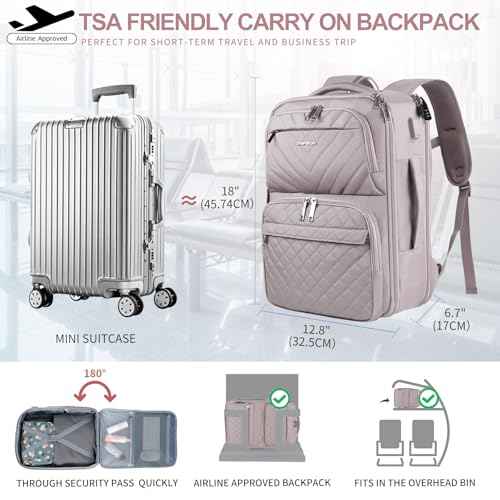 EMPSIGN Carry on Travel Backpack for Women & Men, 17 inch Large TSA Friendly Laptop Backpack with USB Port, Airline Approved Carry On Luggage, Travel Essentials, Weekender Overnight Bags, Grey Pink