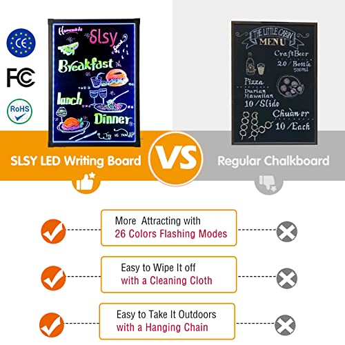 Slsy LED Writing Board 16"x12", Illuminated Erasable Neon Message Sign with 8 Fluorescent Markers & 26 Flashing Modes, Light Up Menu Board for Restaurant, Bar, Cafe, Shop
