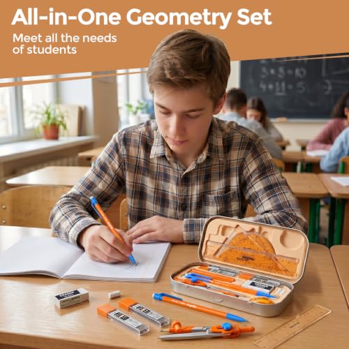 Nicpro 17 PCS Geometry Set with Protractor, Compass & Ruler for Students