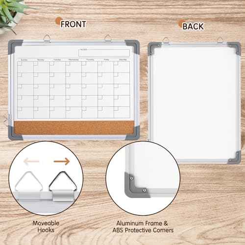 VUSIGN Monthly Calendar White Board Dry Erase Cork Board Combination for Wall, 17''x13'' Double-Sided Magnetic Dry Erase Board, Portable Calendar Bulletin Board for Office, Kitchen, School, Home