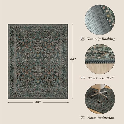 JTJ 48x60 Dark Green Forest Vintage Office Chair Mat Rug – Non-Slip 4ft x 5ft