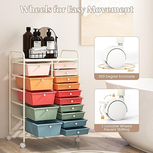 RELAX4LIFE Macaron 15-Drawer Rolling Storage Cart, 34.5" H with 4 Wheels
