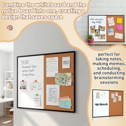 Magnetic Whiteboard & Cork Bulletin Board Combo - 48x36 Inch Wall Mount Office & Classroom Organizer
