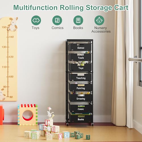 EasyPAG 8-Drawer Rolling Storage Cart with Wood Top, Metal Drawers, 30 lb Capacity per Drawer, Black
