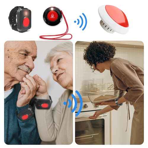 Medical Alert Button Emergency Call System with Strobe Light & Watch Button, 500ft Range Elderly Alert for Bed/Bathroom Safety, Home Care Pager with Necklace+Wrist Transmitters (1 Receiver+2 Buttons)