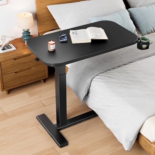 Large 32 Inch HUANUO Black Height-Adjustable Overbed Bedside Table with Wheels and Cup Holder