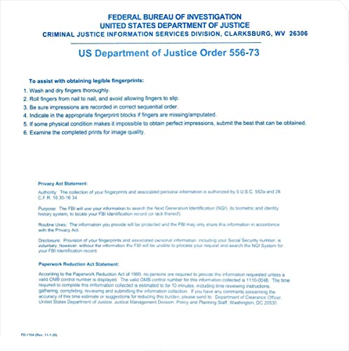 FD-1164 Fingerprint Card Kit with 5 Ink Strips & 5 Cards – FBI History Summary (Rap Sheet)