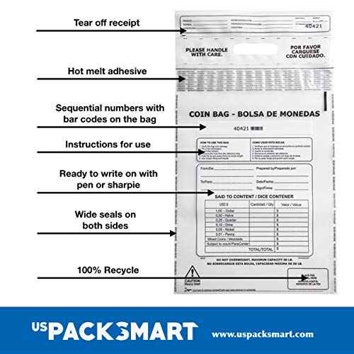Clear Plastic Coin Bag 12.5" x 21.5" | 50 lb. Capacity | Sequential Barcode Number, Self-Sealing, Permanent Adhesive, Ideal for Handling and Transport of Coins and Casino Chips | 50-Pack