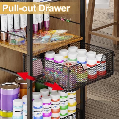 5-Tier Metal Rolling Utility Cart with Drawer, Craft Storage Cart with DIY Divider and Lockable Wheel, Versatile Paint Brush Holder & Paint Organizer & Craft Organizers and Storage for Drawing Room