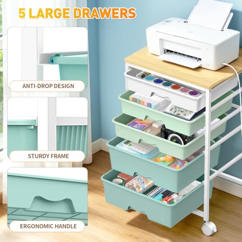 SUNALLY Green 5-Drawer Rolling Storage Cart with Wooden Top & Locking Wheels