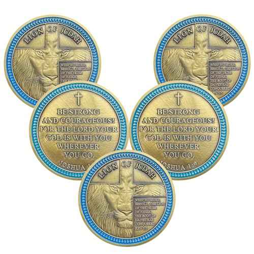 5pcs Rare Lion of Judah Challenge Coin - Joshua 1 9 Be Strong and Courageous Prayer Coin - Art Pocket Bible Verses Christian Coins - Good Luck Religious Gifts for Men Women