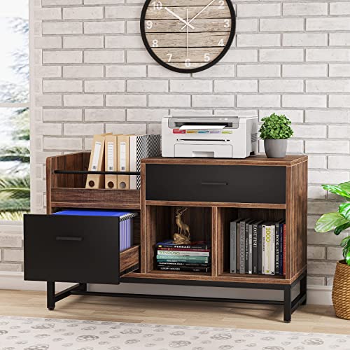 LITTLE TREE 39-Inch File Cabinet with 2 Drawers, Small Lateral Filing Cabinet Under Desk Storage, Wood Printer Stand with Open Storage Shelves for Home Office Organization