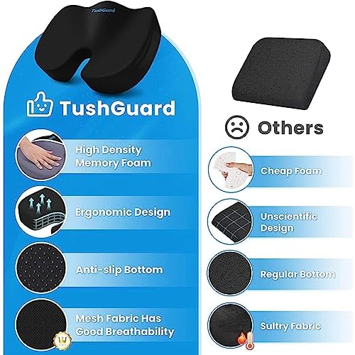 TushGuard Seat Cushion, Office Chair Cushions, Car Seat Cushion, Non-Slip Sciatica & Back Coccyx Tailbone Pain Relief Chair Pad, Memory Foam Butt Pillow for Computer Desk, Office Chair(Black, XXL)