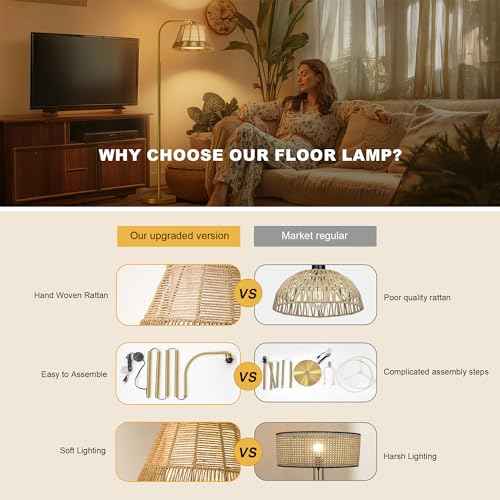 Oneach Arc Floor Lamp for Living Room,Rattan Boho Floor Lamp with Hand-Woven Wicker Shade, Gold Metal Base & Pole,Foot Switch,Farmhouse Standing Lamps for Bedroom Corner,Reading