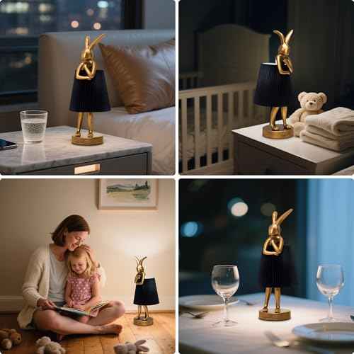 Rabbit Table Lamp with Linen Shade & Gold-Toned Resin Base Cordless Rechargeable LED Table Lamp for Kids Room, Bedroom, Nightstand, Nursery.