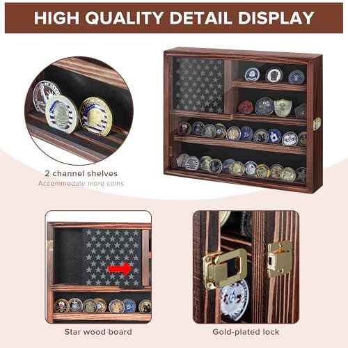 Challenge Coin Display Case, Lockable Military Coin Holder Cabinet with Removable Star Board & HD Tempered Glass Door, Solid Wood Wall Mount Coins Collection Rack Stand