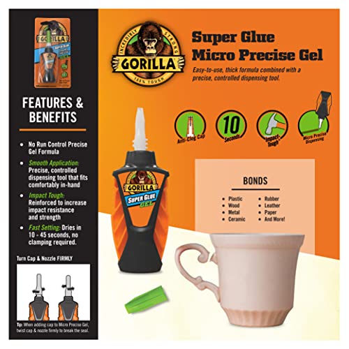 Gorilla Micro Precise Super Glue Gel Pack of 2, Clear, Fast-Setting, Impact-Resistant