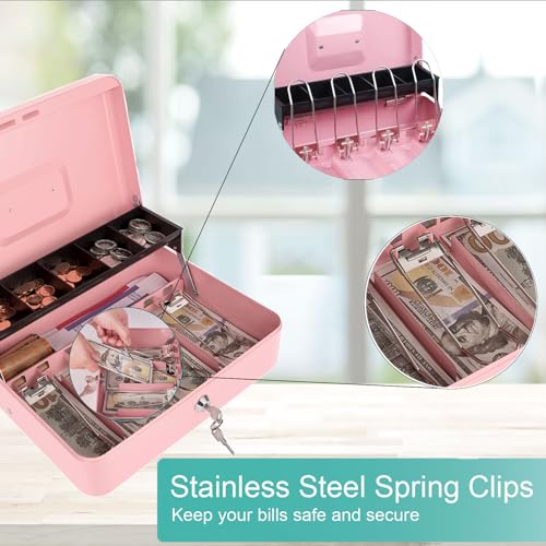 Crinwaki Pink Cash Box with Money Tray and Key Lock – Large Pink Cash Drawer Safe