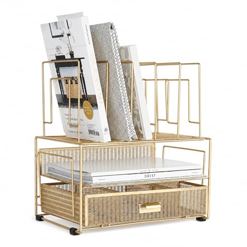 Gold Desk Organizer with Drawer - Metal Mesh File Holder & Vertical Storage