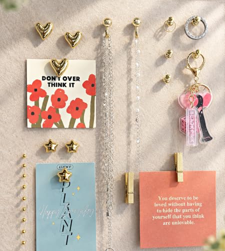 KEYDUACU Gold Push Pins Set, 150 Pcs with Storage Box - Heart, Star, Hook, Clip, Round & More