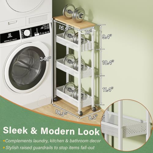 OKZEST Slim Laundry Room Cart 7.1 Inch Wide White with Upgraded Metal Casters