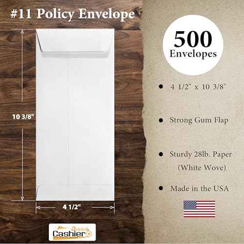 500 Cashier Depot #11 Policy (Open End) Envelope, 4 1/2 x 10 3/8, Sturdy 28lb. White, Stong Gum Flap, 500/Box