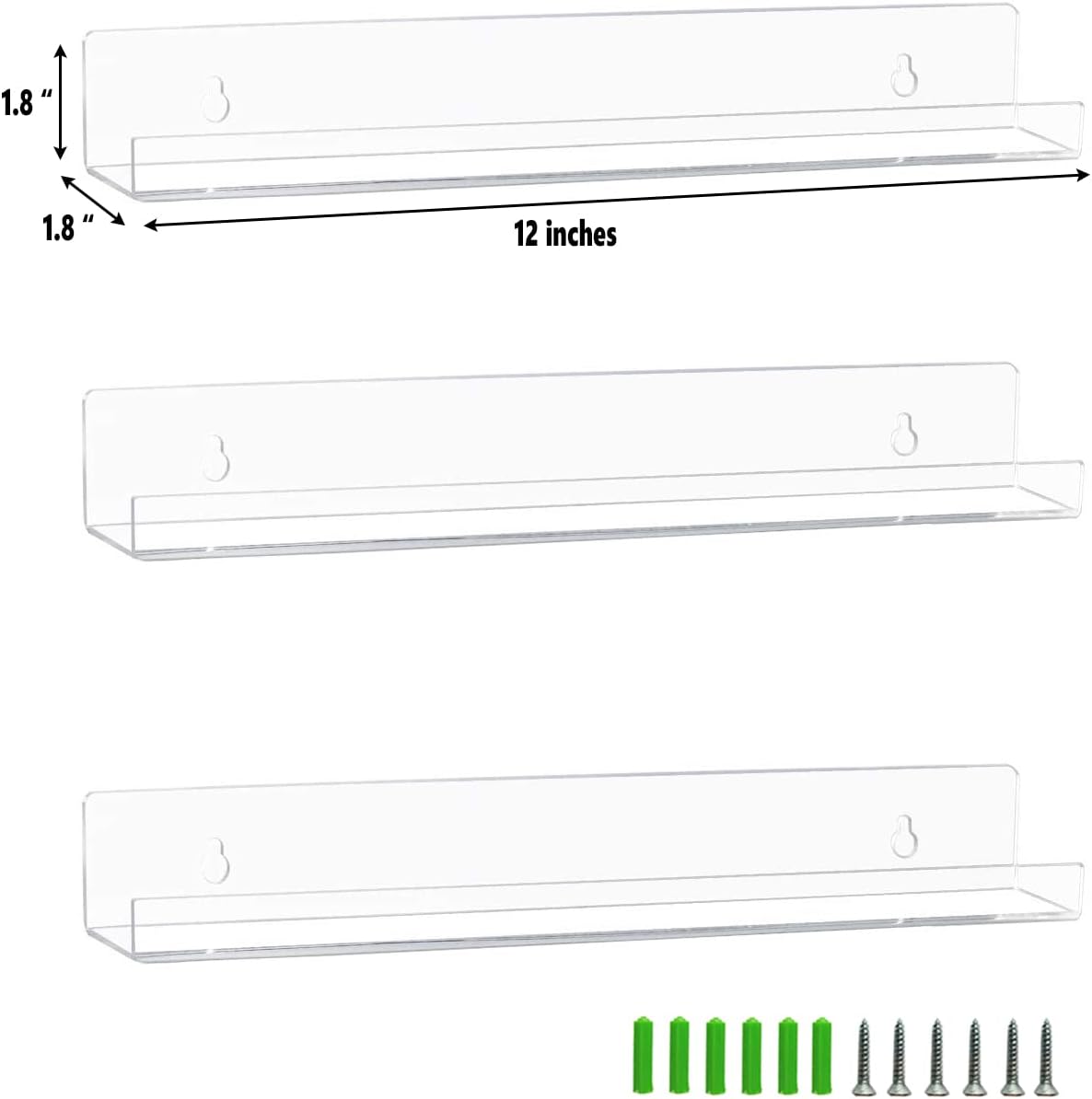 Skiennix Vinyl Record Wall Mount Holder - 12 Inch Clear Acrylic Display Shelf | Floating Book Shelves for Kids Room