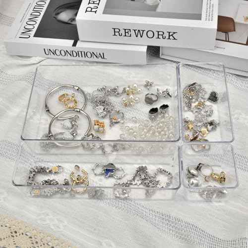 Drawer Organizers Set of 15, 4 Sizes Clear Plastic Drawer Organizers and Storage Bins for Kitchen, Bathroom, Office, Dresser Desk Drawer Organizer Tray for Jewelry, Makeup, Junk, Gadgets