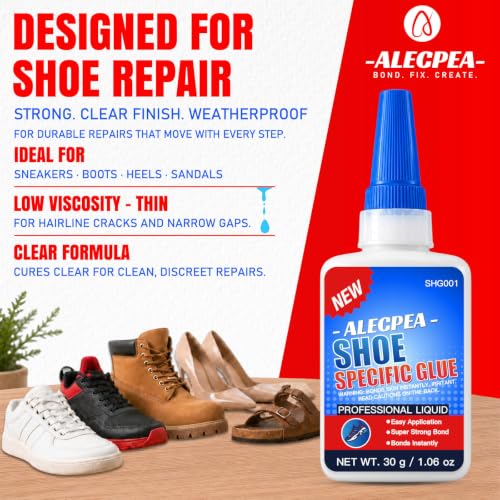 Alecpea Shoe Glue for Sole Repair 30g Clear Thin Adhesive with 3 Tips - Flexible Waterproof Shoe Repair Glue
