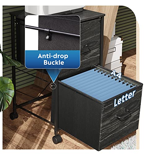 DEVAISE 2 Drawer Mobile File Cabinet, Rolling Printer Stand, Fabric Vertical Filing Cabinet fits A4 or Letter Size for Home Office, Charcoal Black Wood Grain Print
