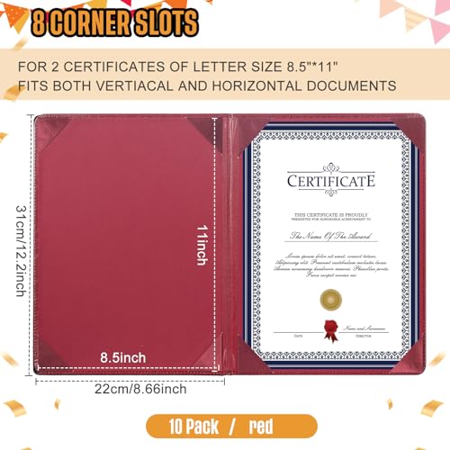 Tenare 10 Pcs Leather Certificate Holder 8.5 x 11 Inch PU Black Red Blue Purple Phd Bachelor Master Diploma Cover Professional Award Folder for Official Graduation Competition Contest Charity (Red)