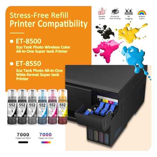 T552 552 Ink Refill Bottles T552920 Replacement for 8550 ET-8550 8500 ET-8500 Printer (Black, Photo Black, Cyan, Magenta, Yellow, Gray, 6-Pack)