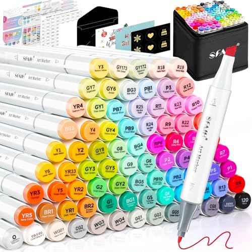 SFAIH Alcohol Markers Fine & Chisel - 81 Colors Dual Tip Art Markers for Adult Coloring Sketch Illustration, Christmas Gifts for Teens Beginners Grandkids - Greeting Card & Faux Leather Lining