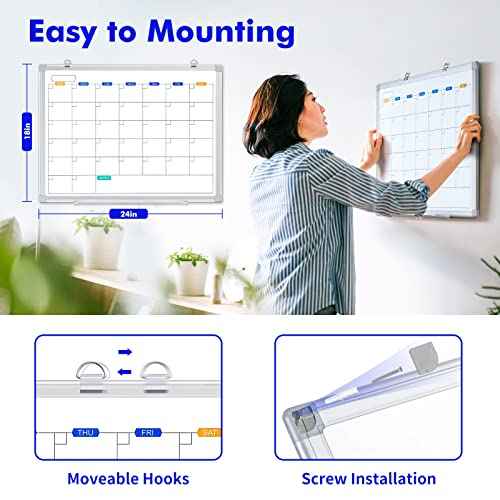 Dry Erase Calendar Whiteboard for Wall, 24" x 18" Magnetic Monthly White Board Calendar Dry Erase, Wall Hanging Aluminum Frame with Tray for Home, School, Office