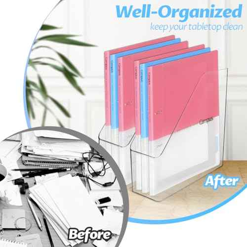 4Pcs Clear Acrylic Magazine File Holder, Plastic Vertical File Folder Storage Magazine Rack Bin, Acrylic Magazine Holder, Desk Document Sorter Organizer for Home Office School Work Desktop Supplies
