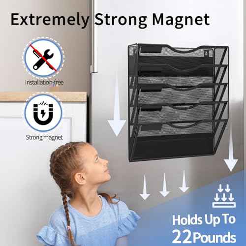 5-Tier Magnetic File Holder, No Drilling Installation File Cabinet Organizer, Black Magnetic File Organizer, Magazine Rack, Magnetic Paper Holder for Refrigerator, File Cabinets, Whiteboard