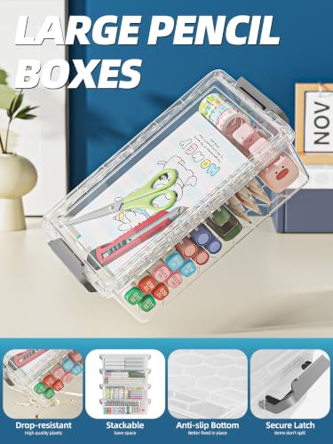 BiuLeon Grey 4 Pack Extra Large Plastic Pencil Cases, Stackable Art & Craft Organizer