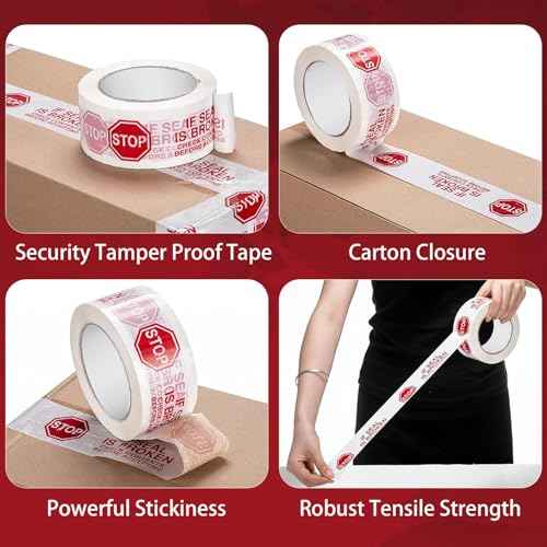 12 Rolls Security Tamper Proof Tape with Tape Dispenser 2 Inch x 110 Yards x 2 Mil Pre Printed Stop Sign Sealing Tape for Moving Heavy Duty Packing