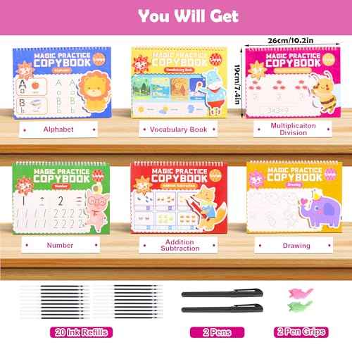6 Pack Large Grooved Handwriting Copybooks,10.2 x 7.4 In Magic Writing Practice Workbooks with Pens,Reusable Alphabet,Numbers Tracing Books for Kids 3-8,Kindergarten Preschool Learning Activities