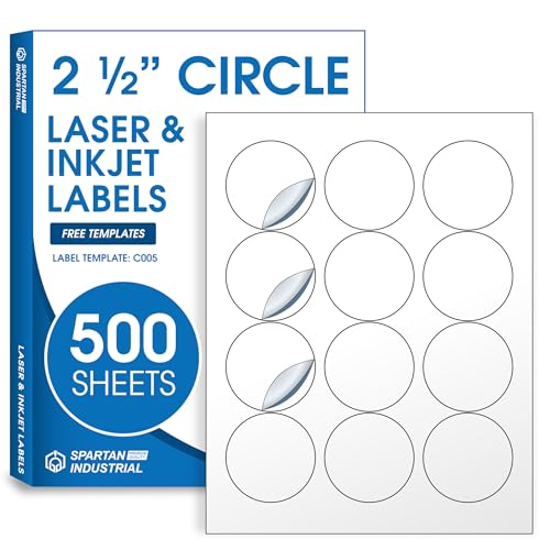 2.5" Circle Printable Labels Compatible with Inkjet and Laser Printers - 500 Sheets, 6000 Matte White Round Stickers for Product Labeling, Packaging, Organization - Spartan Industrial Template C005