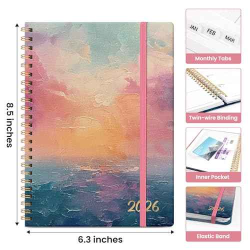2026 Planner, Aesthetic Weekly and Monthly Planner for Women, Jan 2026 to Dec 2026, Hardcover 2026 Calendar Book with Monthly Tabs, Inner Pocket, Perfect for Office Home School - A5 (6.3" x 8.5"), Sunset
